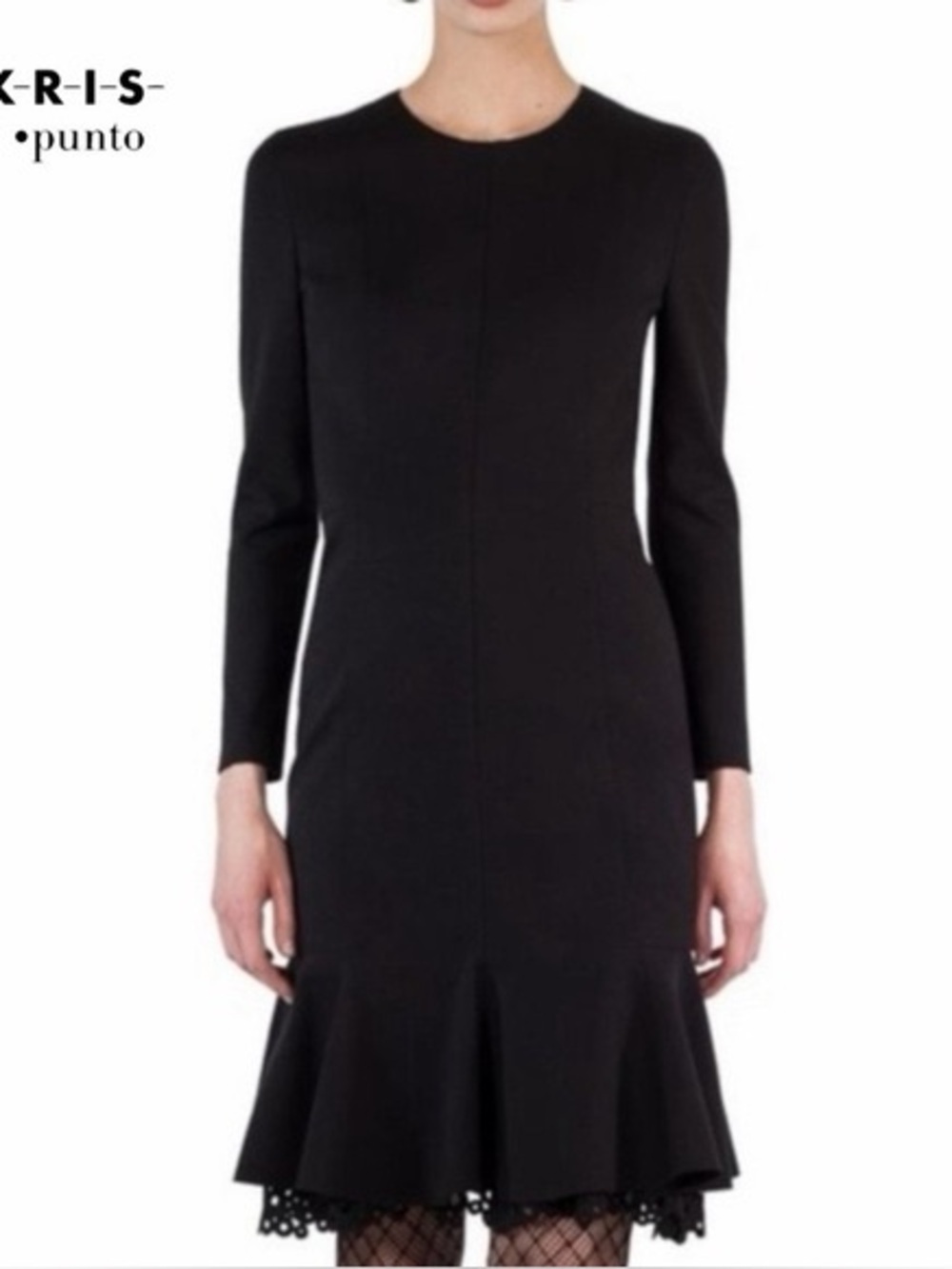 AKRIS Punto Eyelet Lace Flounce Hem Dress Black Long Sleeve Size 10